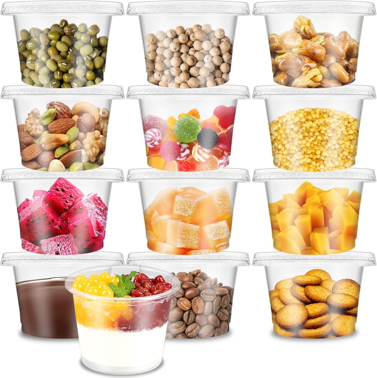 50 Pack 8 OZ Disposable Plastic Cups with Flat Lids,Disposable Ice Cream Cups,Take Away Food Container for Drink,Yogurt,Parfaits,Soups,Snacks,Dessert,Salad,Fast Food,Fruit(With Holes)
